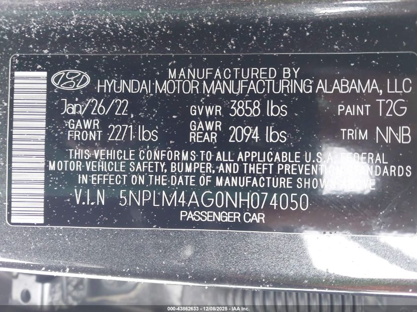 2022 Hyundai Elantra Sel VIN: 5NPLM4AG0NH074050 Lot: 43862633