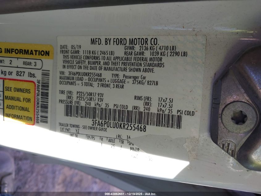 2019 Ford Fusion Hybrid Se VIN: 3FA6P0LU0KR255468 Lot: 43862651