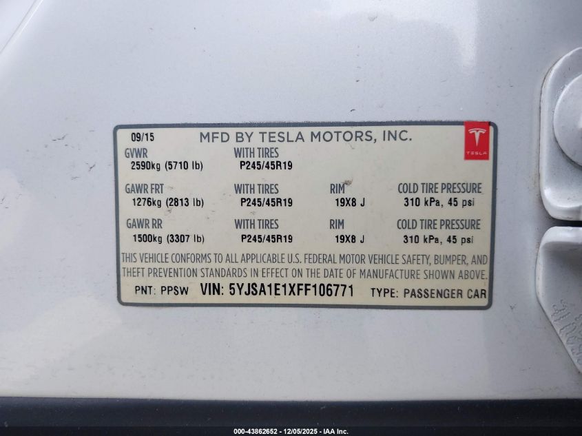 2015 Tesla Model S 60/70/85 VIN: 5YJSA1E1XFF106771 Lot: 43862652