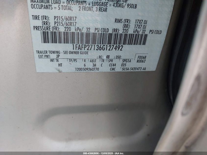 2006 Ford Five Hundred Sel VIN: 1FAFP27136G127492 Lot: 43862656