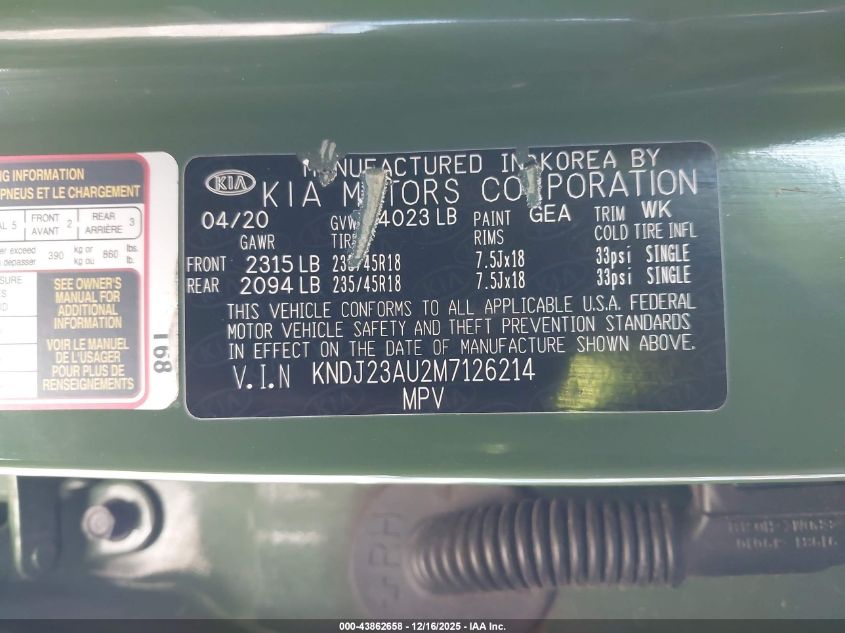 2021 Kia Soul X-Line VIN: KNDJ23AU2M7126214 Lot: 43862658