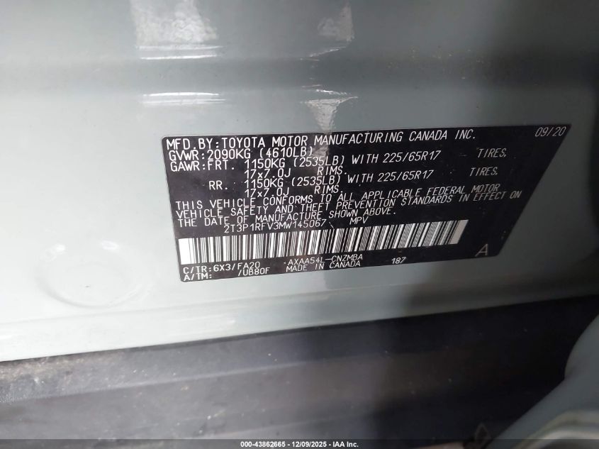 2021 Toyota Rav4 Xle VIN: 2T3P1RFV3MW145067 Lot: 43862665