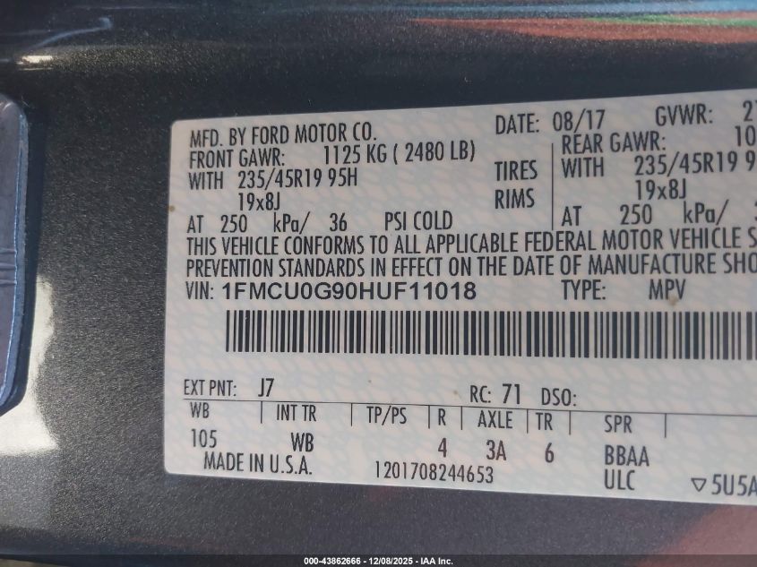 2017 Ford Escape Se VIN: 1FMCU0G90HUF11018 Lot: 43862666