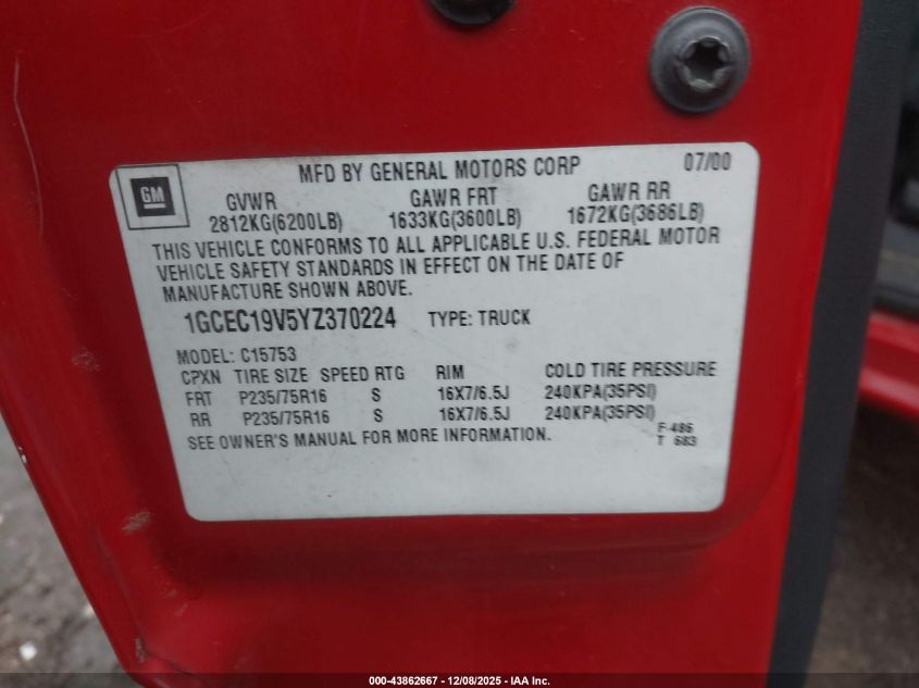 2000 Chevrolet Silverado 1500 Ls VIN: 1GCEC19V5YZ370224 Lot: 43862667