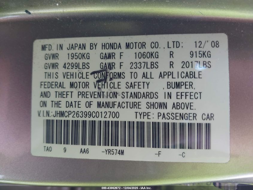 2009 Honda Accord 2.4 Lx VIN: JHMCP26399C012700 Lot: 43862672