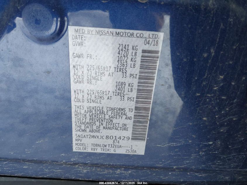 2018 Nissan Rogue Sv VIN: 5N1AT2MVXJC801429 Lot: 43862674