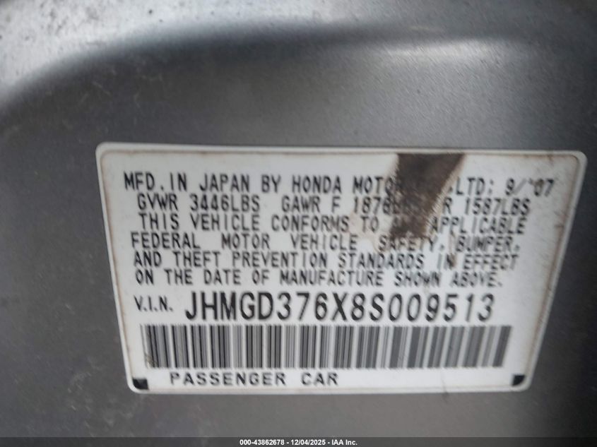 2008 Honda Fit Sport VIN: JHMGD376X8S009513 Lot: 43862678