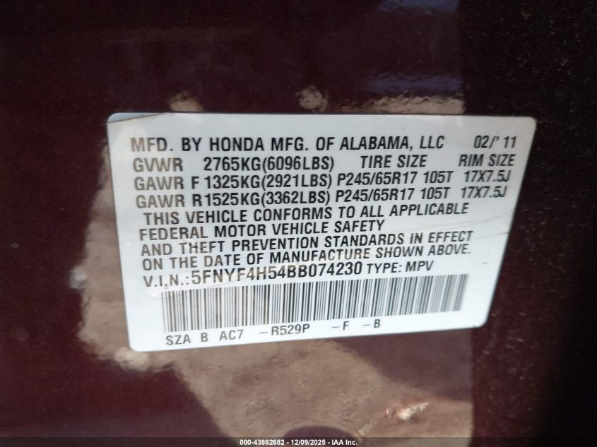 2011 Honda Pilot Ex-L VIN: 5FNYF4H54BB074230 Lot: 43862682