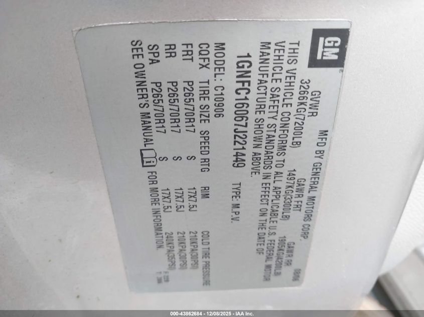 2007 Chevrolet Suburban 1500 Lt VIN: 1GNFC16067J221449 Lot: 43862684