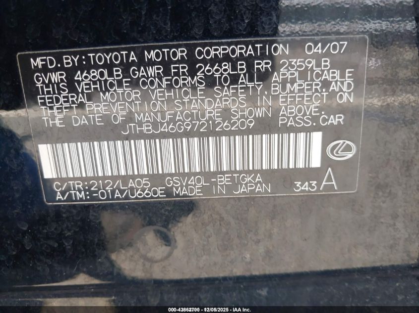 2007 Lexus Es 350 VIN: JTHBJ46G972126209 Lot: 43862700