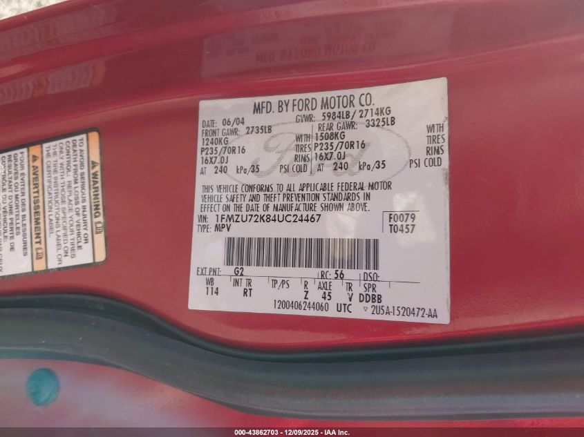 2004 Ford Explorer Xls VIN: 1FMZU72K84UC24467 Lot: 43862703