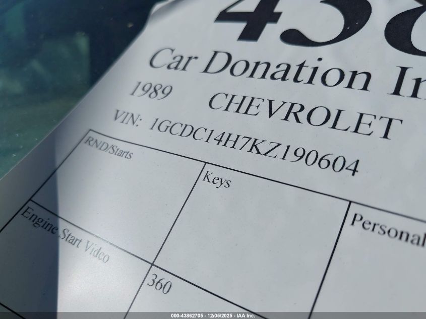 1989 Chevrolet Gmt-400 C1500 VIN: 1GCDC14H7KZ190604 Lot: 43862705