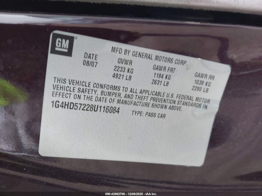 2008 Buick Lucerne Cxl VIN: 1G4HD57228U116084 Lot: 43862706
