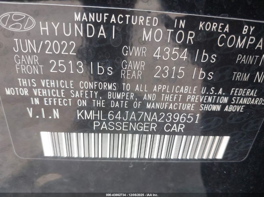 2022 Hyundai Sonata Sel VIN: KMHL64JA7NA239651 Lot: 43862734
