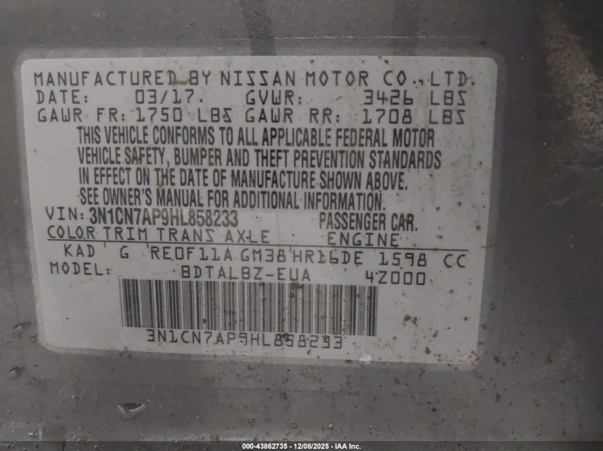 2017 Nissan Versa 1.6 Sv VIN: 3N1CN7AP9HL858233 Lot: 43862735