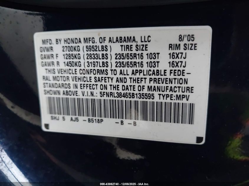 2005 Honda Odyssey Ex VIN: 5FNRL38465B135595 Lot: 43862740