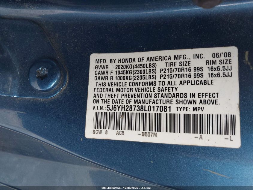 2008 Honda Element Ex VIN: 5J6YH28738L017081 Lot: 43862754