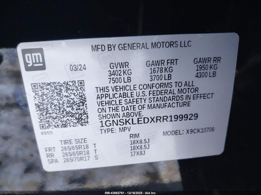 2024 Chevrolet Tahoe 4Wd Commercial VIN: 1GNSKLEDXRR199929 Lot: 43862761