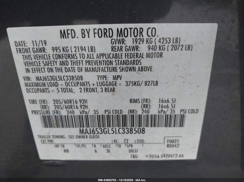 2020 Ford Ecosport Se VIN: MAJ6S3GL5LC338508 Lot: 43862763