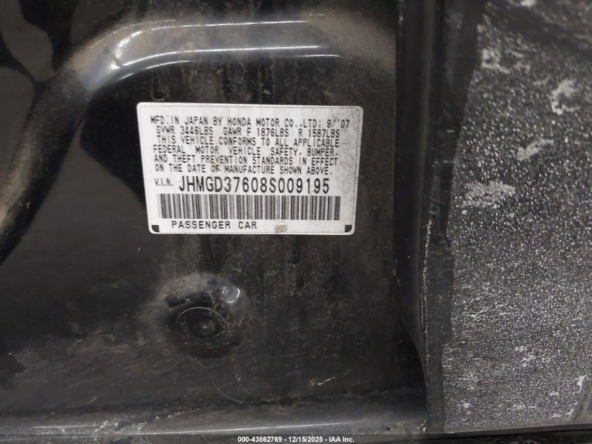 2008 Honda Fit Sport VIN: JHMGD37608S009195 Lot: 43862769
