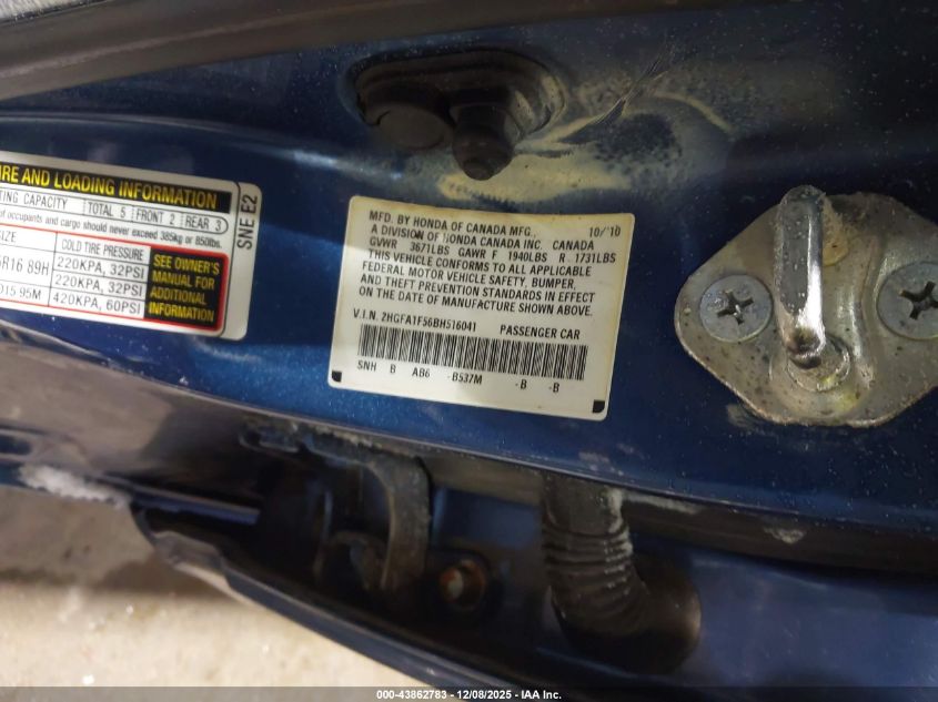 2011 Honda Civic Lx VIN: 2HGFA1F56BH516041 Lot: 43862783
