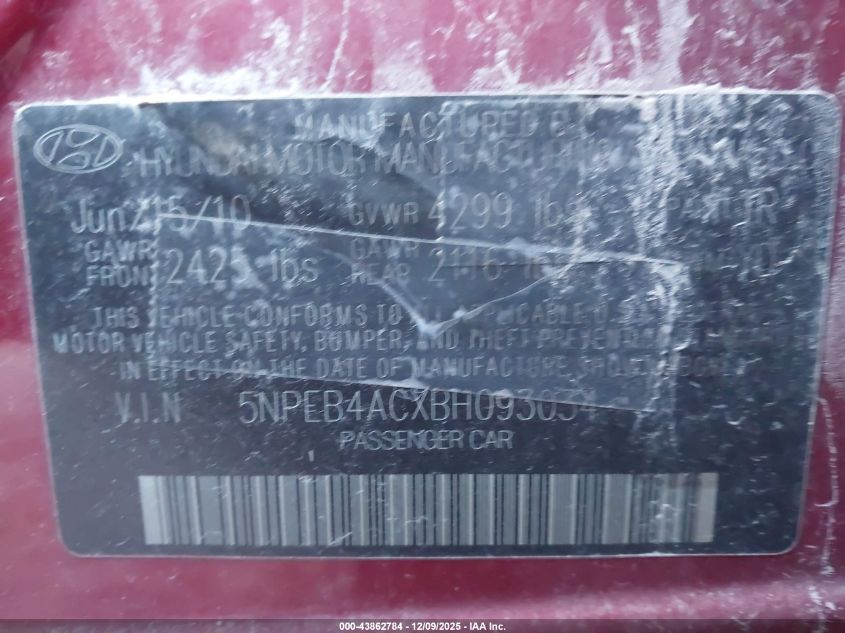 2011 Hyundai Sonata Gls VIN: 5NPEB4ACXBH093034 Lot: 43862784