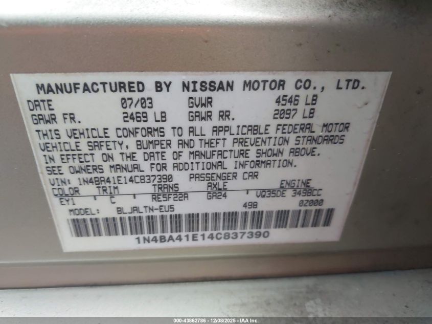 2004 Nissan Maxima 3.5 Se VIN: 1N4BA41E14C837390 Lot: 43862786