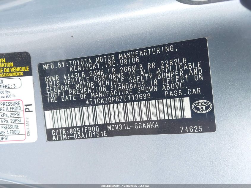 2007 Toyota Camry Solara Se V6 VIN: 4T1CA30P87U113699 Lot: 43862789