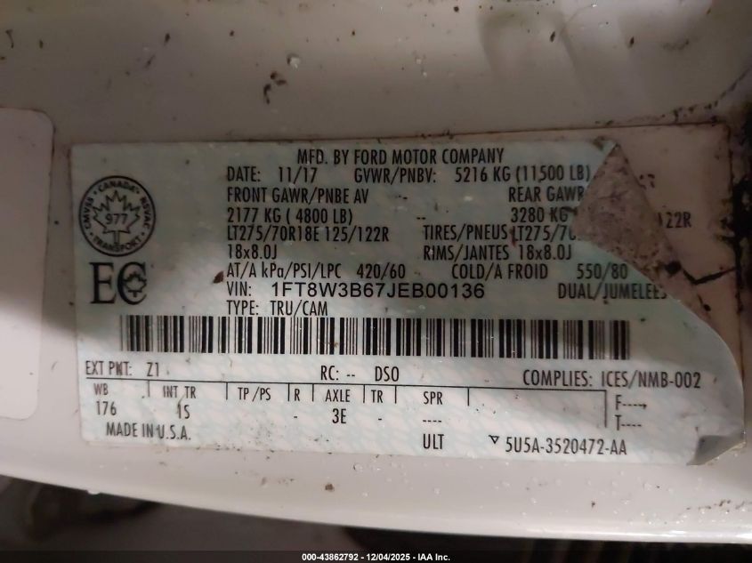 2018 Ford F-350 Xl VIN: 1FT8W3B67JEB00136 Lot: 43862792
