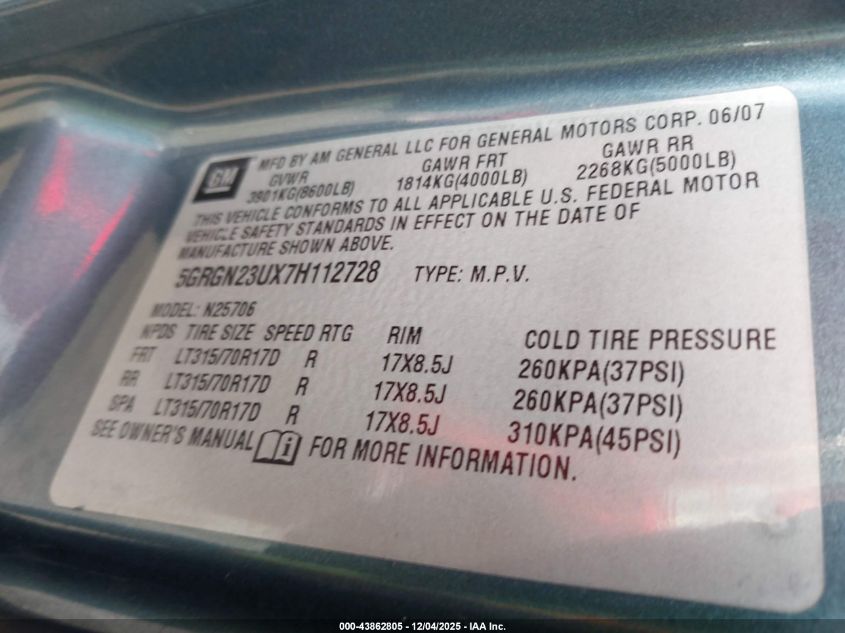 2007 Hummer H2 Suv VIN: 5GRGN23UX7H112728 Lot: 43862805