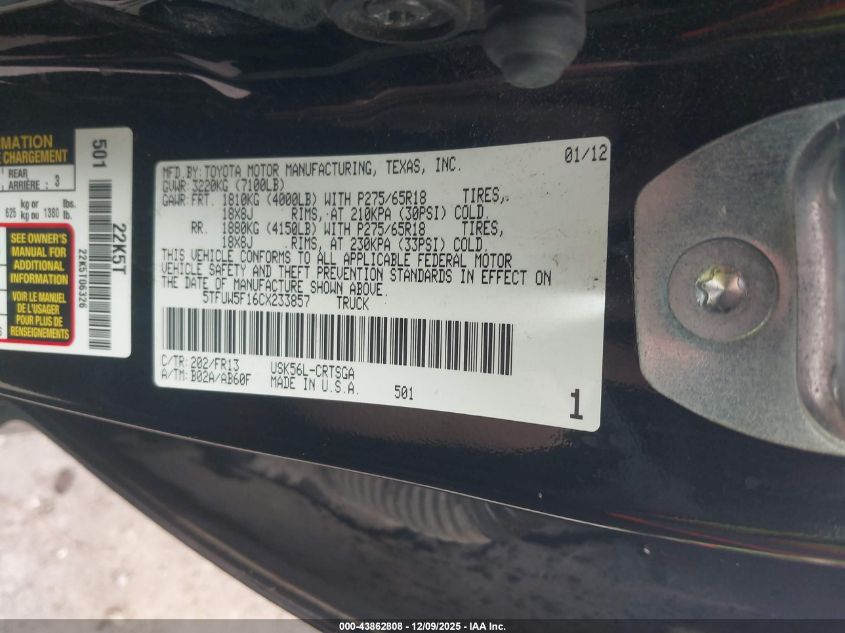 2012 Toyota Tundra Grade 5.7L V8 VIN: 5TFUW5F16CX233857 Lot: 43862808