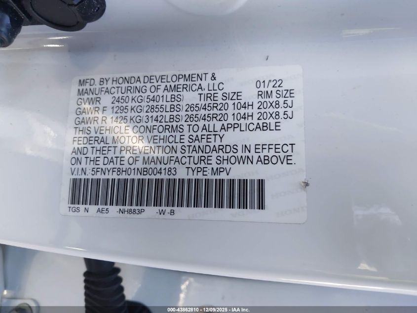 2022 Honda Passport Awd Elite VIN: 5FNYF8H01NB004183 Lot: 43862810
