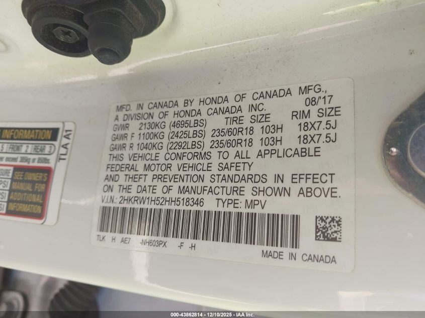 2017 Honda Cr-V Ex VIN: 2HKRW1H52HH518346 Lot: 43862814