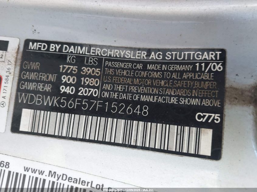 2007 Mercedes-Benz Slk 350 VIN: WDBWK56F57F152648 Lot: 43862821