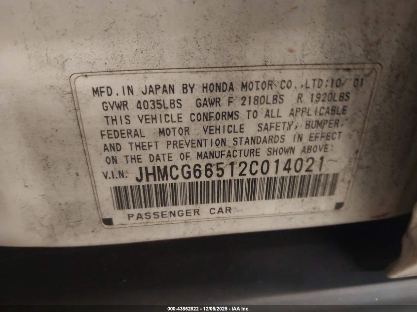2002 Honda Accord 2.3 Lx VIN: JHMCG66512C014021 Lot: 43862822