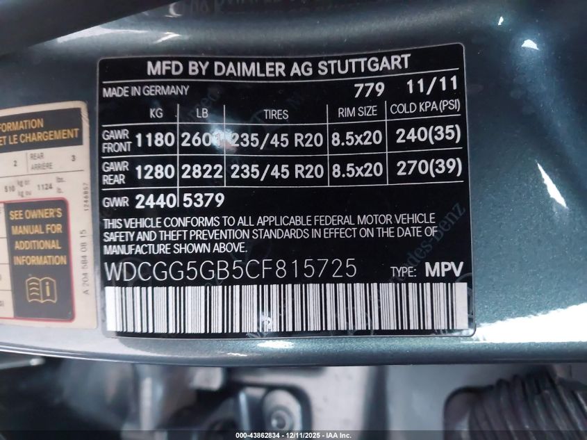 2012 Mercedes-Benz Glk 350 VIN: WDCGG5GB5CF815725 Lot: 43862834