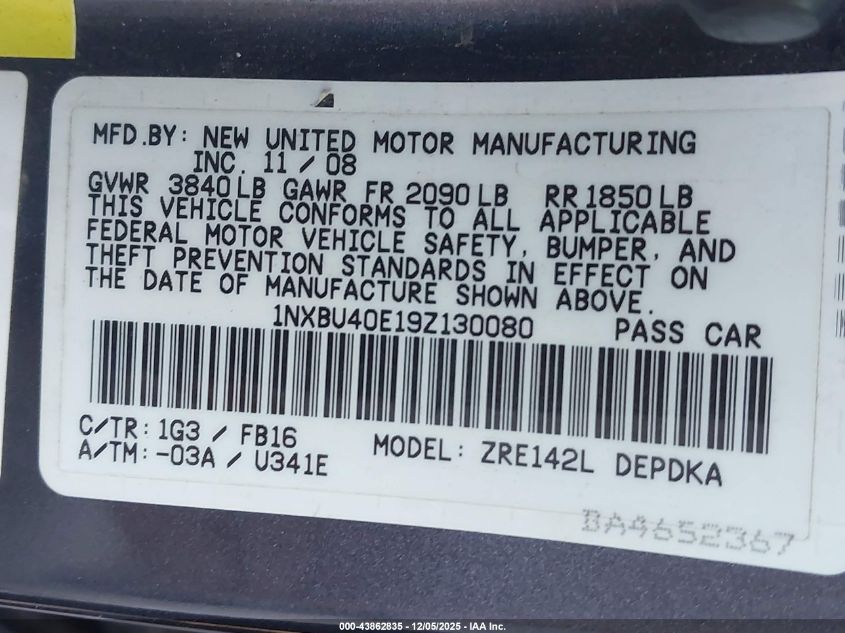 2009 Toyota Corolla Le VIN: 1NXBU40E19Z130080 Lot: 43862835