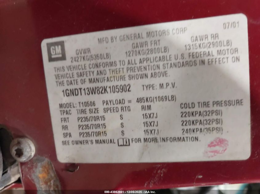 2002 Chevrolet Blazer Ls VIN: 1GNDT13W82K105902 Lot: 43862861