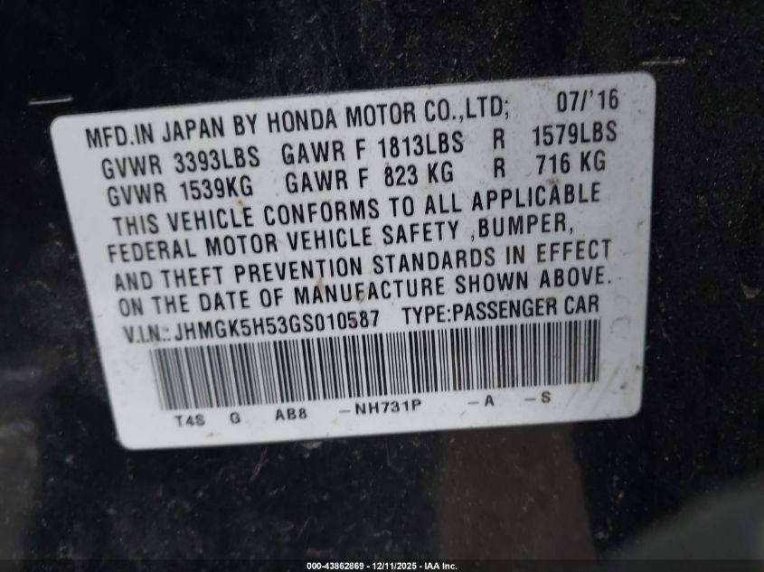 2016 Honda Fit Lx VIN: JHMGK5H53GS010587 Lot: 43862869