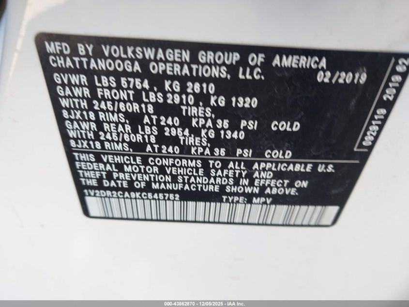 2019 Volkswagen Atlas 3.6L V6 Se VIN: 1V2DR2CA9KC545752 Lot: 43862870