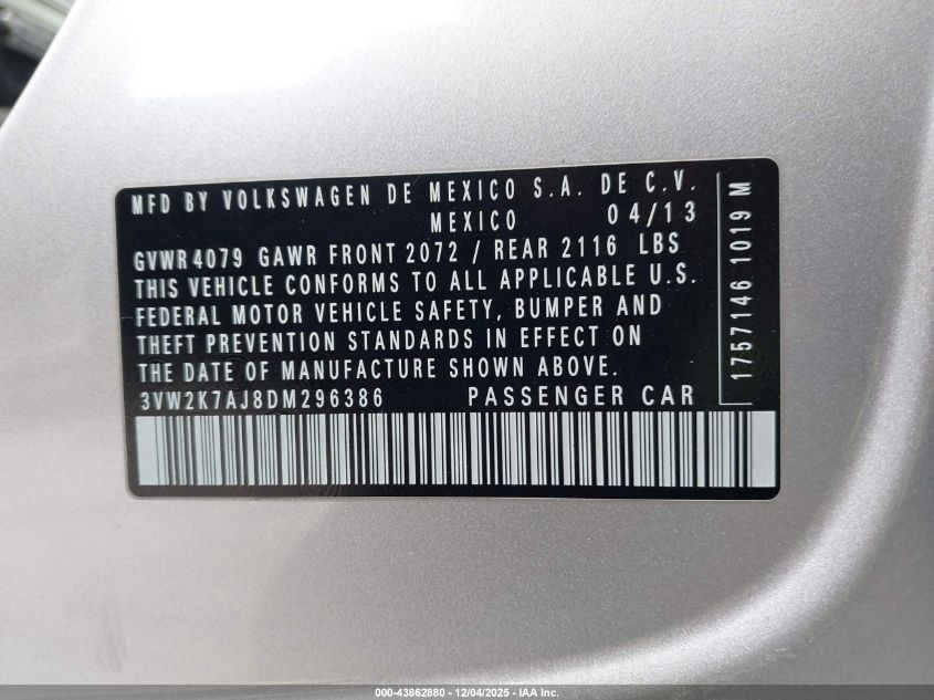 2013 Volkswagen Jetta 2.0L S VIN: 3VW2K7AJ8DM296386 Lot: 43862880