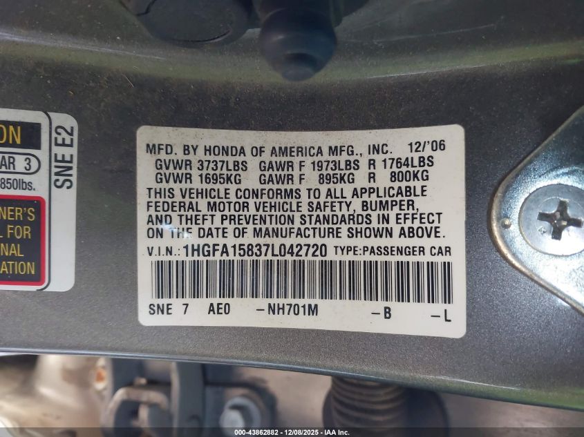 2007 Honda Civic Ex VIN: 1HGFA15837L042720 Lot: 43862882
