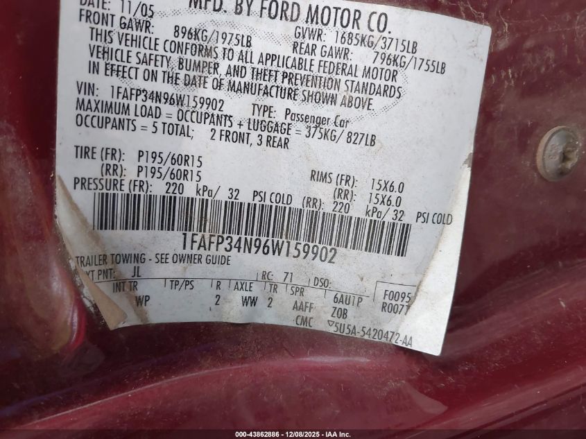 2006 Ford Focus Zx4 VIN: 1FAFP34N96W159902 Lot: 43862886