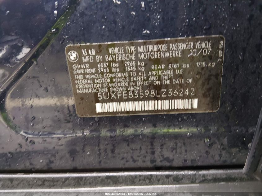2008 BMW X5 4.8I VIN: 5UXFE83598LZ36242 Lot: 43862894