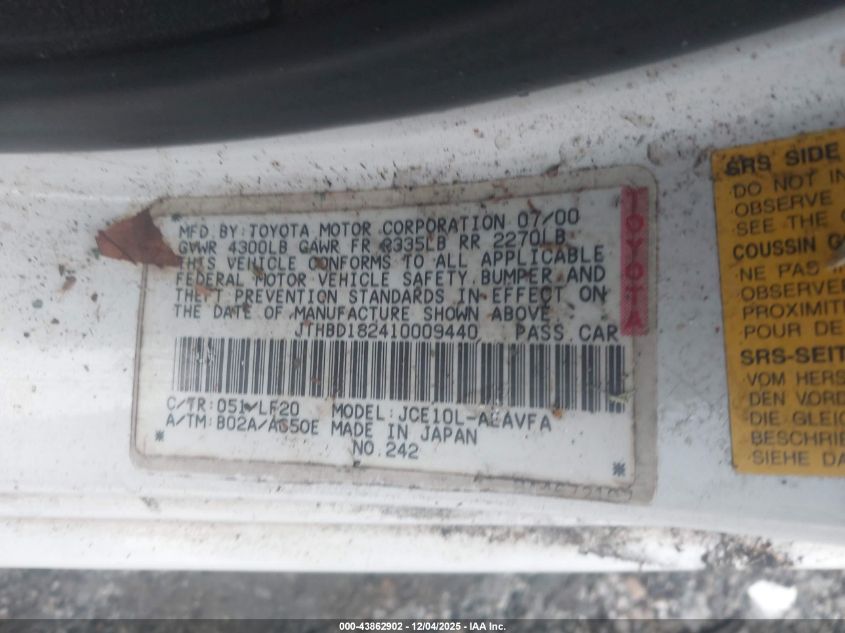 2001 Lexus Is 300 VIN: JTHBD182410009440 Lot: 43862902