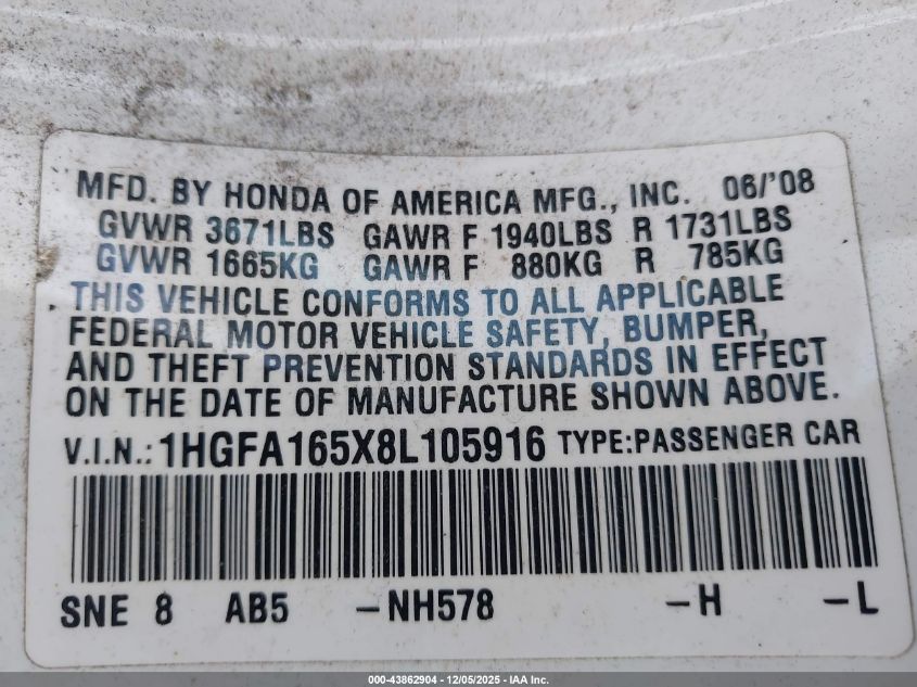 2008 Honda Civic Lx VIN: 1HGFA165X8L105916 Lot: 43862904