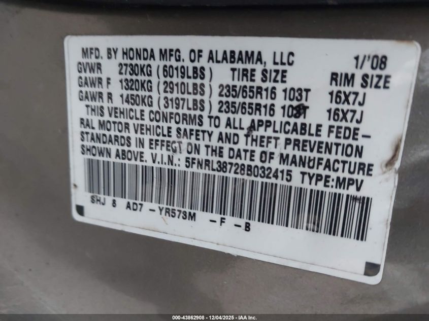 2008 Honda Odyssey Ex-L VIN: 5FNRL38728B032415 Lot: 43862908