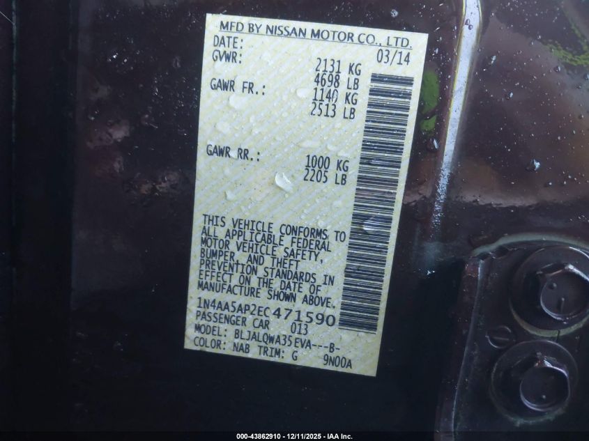 2014 Nissan Maxima 3.5 S/3.5 Sv VIN: 1N4AA5AP2EC471590 Lot: 43862910