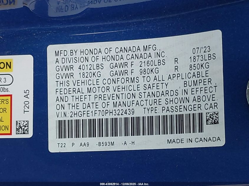 2023 Honda Civic Ex/Ex W/O Bsi VIN: 2HGFE1F70PH322439 Lot: 43862914
