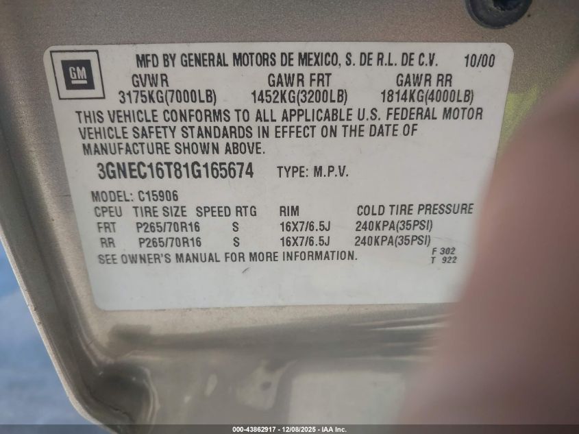 2001 Chevrolet Suburban 1500 Lt VIN: 3GNEC16T81G165674 Lot: 43862917